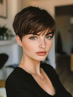 Classic Pixie Haircut Fine Hair, Romantic Pixie Haircut, Pixie Haircut Middle Part, Boy Short Haircut For Women, Pixie Haircut With Curtain Bangs, Dark Hair Pixie, Short Pixie Cut With Bangs, Classic Pixie Haircut, Bangs For Thick Hair