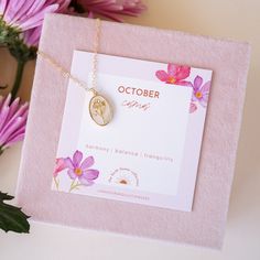 The October Birth Flower Necklace is a captivating addition to our Birth Flower Necklace Collection! This exquisite necklace features the stunning Cosmos, the birth flower for October, symbolizing harmony & balance. The delicately crafted design of the pendant captures the Cosmos's beauty. Let this necklace inspire you to tap into your inner creativity and passion! Whether you're treating yourself or looking for the perfect gift for someone, the October Birth Flower Necklace is an excellent choi Delicate Oval Pendant Necklace For Gifts, Pendant Charm Necklace With Birth Flower Gift For Her, Pendant Birth Flower Charm Necklace For Her, Pendant Charm Necklace With Birth Flower For Her, Feminine Flower Pendant Necklace As Gift For Her, Feminine Flower Pendant Necklace Gift For Her, Feminine Necklace With Flower Pendant As Gift For Her, Feminine Necklace With Flower Pendant For Her, Feminine Flower-shaped Necklaces For Gifts