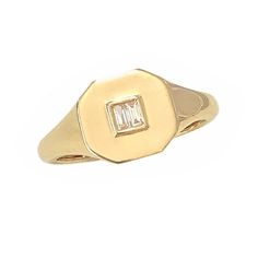 This unique signet style ring is composed of 14K solid gold & finished with two channel set genuine GVs1 quality baguette cut natural real Diamonds. Ring Dimensions: Flat Surface: approximately 9.5mm (h) x 10.5mm (w) Signet Surface Height from Inner Band Thickness: approximately 3mm Inner Band Ring Thickness: approximately 2mm Metal Finish: High Shine Polish This design is available in Rose and Yellow 14K Gold Please note that this item ships out the same day your order is placed. This item Luxury Diamond Signet Ring With Emerald Cut, Luxury Fine Jewelry Signet Ring With Single Cut Diamonds, Word Rings, Word Ring, Diamond Baguette, Rings Unique, Diamonds Ring, Affordable Gifts, Channel Set