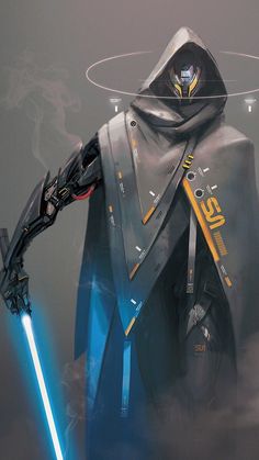 a sci - fi character is holding a light saber in his right hand and wearing a hood