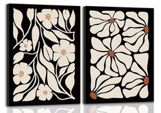 two black and white paintings with flowers on them