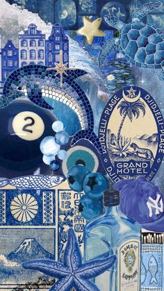 a collage of blue and white items including a pool ball, starfish, and other things