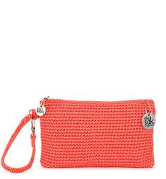 an orange knitted purse with a silver logo on the front and a chain around it