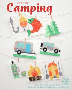 the cover of let's go camping with pictures of campers and trees on clothes pins