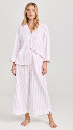 Petite Plume Women's Luxe Pink Stripe Wide Leg Pajama Set | Shopbop Bridesmaids Pjs, Pink Pajama Set, Bridesmaid Pjs, Pink Pajama, Pink Pajamas, Womens Pyjama Sets, Pink Brand, Game Night, Pink Stripes