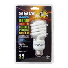 a white light bulb in a package on a white background with the words grow bigger, healthier plants faster