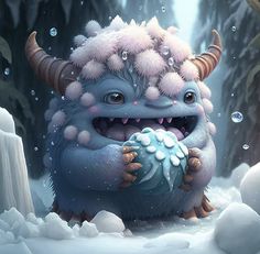 an illustration of a blue monster with horns and snow on it's furs