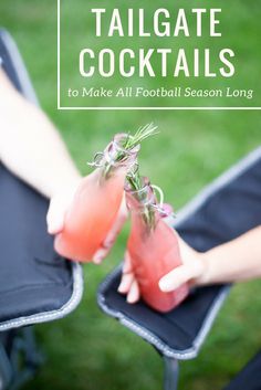 two people holding cocktails with text overlay that reads tailgate cocktails to make all football season long