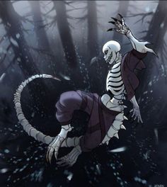 a skeleton riding on the back of a white cat in a forest filled with trees