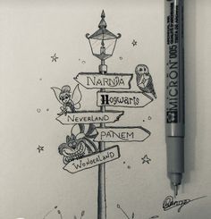 a pencil drawing of a sign post with many different signs on it and a lamppost in the background