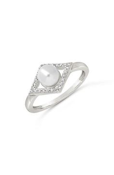 A pearly touch tops off a charming ring fashioned from bright sterling silver and speckled with cubic zirconia inlays. Imitation-pearl size: 6–6.5mmmm Sterling silver/imitation pearl/cubic zirconia Imported Silver Pearl Rings With Diamond Accents, Silver Rings With Diamond Accents And Pearl, Cubic Zirconia Pearl Ring With Diamond Accents, Pearl Ring With Diamond Accents And Cubic Zirconia, Silver Diamond Pearl Ring With Accents, Silver Pearl Ring With Center Stone Fine Jewelry, Fine Jewelry Silver Pearl Ring With Center Stone, Diamond White Cubic Zirconia Pearl Ring For Promise, Fine Jewelry Silver Pearl Ring With Diamond Accents