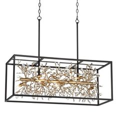 a rectangular chandelier hanging from the ceiling with gold and silver flowers on it