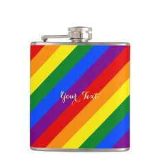 a rainbow colored flask with the word your text on it