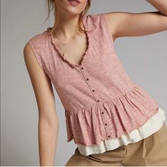 New Anthropologie: Pilcro Baby Doll Rose Color Top. Ruffled Trim. Two Layers Look. Slightly Longer In The Back. Size Medium Chest Pit To Pit 20” Length Shoulder To Hem 24” Light Fabric: 100% Cotton New With Tag Condition Cute Pink Ruffled Tops, Cute Pink V-neck Top, Pink V-neck Top With Ruffles, Pink Ruffled Tops For Day Out, Pink Cotton Tops For Day Out, Summer Layering Pink Blouse, Feminine Pink Tops For Layering, Feminine Pink Top For Layering, Pink Ruffled Tops For Layering