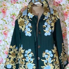 New W/ Tags Is An Authentic Roller Rabbit Coat - New Old Stock - Green Quilted With Tufted Floral Motif - 100% Quilted Cotton W/ Polyester Lining - Side Pockets - Pine Grove Green Color - Button Side Vents - Size M/L; Measures Approx. 26" Flat From Pit To Pit, 18" Sleeves From Underarm, 43.5" Length Embroidered Yellow Outerwear For Spring, Yellow Embroidered Spring Outerwear, Spring Yellow Embroidered Outerwear, Traditional Yellow Spring Outerwear, Traditional Yellow Outerwear For Spring, Pine Grove Green, Chambray Blazer, Blue Baskets, Roller Rabbit