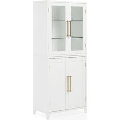 a white china cabinet with glass doors and gold handles on the bottom, against a white background