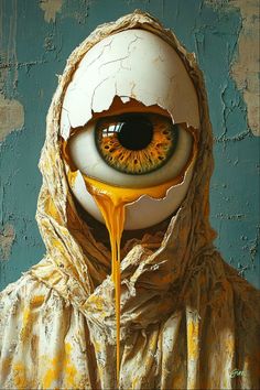 a painting of an eye with yellow liquid coming out of it