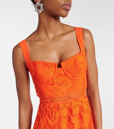 Made with delicate lace, it adds a touch of elegance to any occasion. The vibrant orange color is sure to make a statement, while the midi length offers a comfortable and versatile fit. Upgrade your wardrobe with this stunning dress! Main Fabric: 100% Polyester Lining: 100% Polyester Colour may vary due to lighting on images. The product images (without model) are closest to the true colour of the product.Item runs true to size chart and is cut to suit our size chart. Please refer to our size chart for the best fit. Do not size up or down. Orange Summer Dress With Lace Trim, Orange Lace Trim Summer Dress, Summer Orange Dresses With Lace Trim, Orange Sleeveless Dress With Lace Trim, Sleeveless Spring Dress With Lace Closure, Orange Sleeveless Midi Cocktail Dress, Sleeveless Orange Midi Cocktail Dress, Orange Lace Summer Dress, Lace Bustier