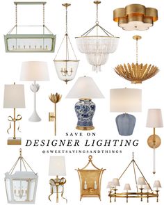 an assortment of lamps and chandeliers with the words save on designer lighting