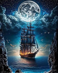 a painting of a ship sailing in the ocean at night under a full moon with seagulls flying around