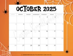 Free printable October 2025 monthly calendar with spiders and spider webs for Halloween Halloween Calendar