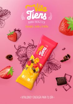 a pink background with chocolate, strawberries and strawberrys on it is featured in the ad