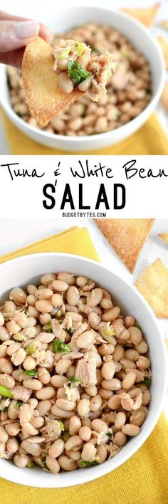 tuna and white bean salad in a bowl with tortilla chips on the side