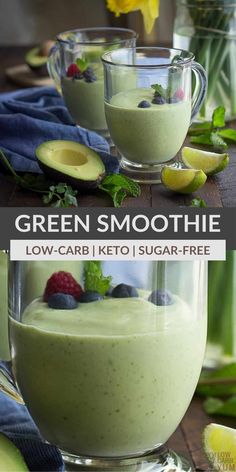 green smoothie in a glass bowl with fruit on the side