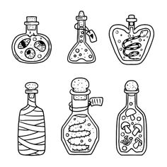 four bottles with different things inside them