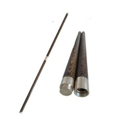 two different types of wood and metal items on a white background, one with a long stick