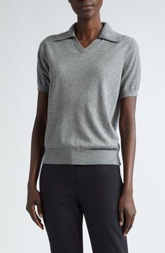 Luxuriously soft cashmere and silk yarns nod to the NYC-based label's focus on impeccable materials in a polo-style sweater topped with a wide johnny collar. 22" length (size medium) Johnny collar Short sleeves Ribbed cuffs and hem 70% cashmere, 30% silk Dry clean Imported Designer Clothing Fitted Merino Wool V-neck Top, Luxury Cashmere Tops, Luxury Merino Wool Workwear Sweater, Luxury Merino Wool Sweater For Work, Luxury Fine Knit Formal Sweater, Merino Wool Fine Knit Tops For Work, Fine Knit Merino Wool Top For Work, Luxury Fitted Cashmere Tops, Classic Wool Tops For Workwear