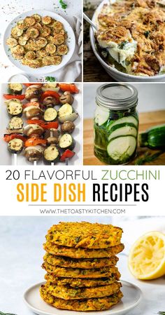 several different side dish dishes with lemons, zucchini and cucumbers