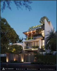 an architectural rendering of a modern house with plants growing on the balcony and balconies