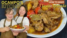 two women standing in front of a plate of food