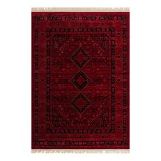 a red rug with an intricate design on the front and back end, in different colors