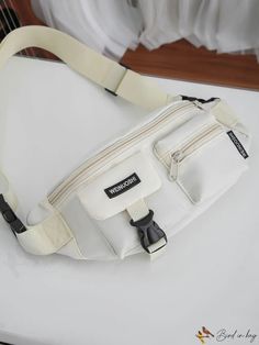 BirdinBag - Fashionable Fanny Pack with Trendy Letter Patch Decor and Front Pocket White Nylon Crossbody Shoulder Bag, Casual White Chest Bag For Everyday, White Nylon Shoulder Bag With Removable Pouch, Nylon Crossbody Chest Bag With Pockets, White Chest Bag With Zipper For Travel, White Casual Chest Bag With Adjustable Strap, Casual White Chest Bag With Adjustable Strap, Casual White Chest Bag With Zipper Closure, Casual White Chest Bag With Zipper