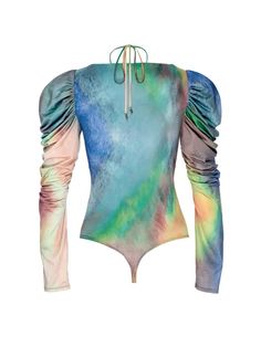 The Coppelia bodysuit in multi watercolor offers a romantic silhouette with statement sleeves. A plunging neckline with a cutout front and halter styling give this style on-trend versatility. Romantic Silhouette, Statement Sleeves, Halter Style, Ladies Boutique, Plunging Neckline, A Romantic, Affordable Fashion, Sunnies