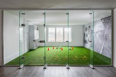 an empty room with glass walls and artificial grass on the floor in front of it