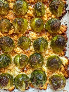 an overhead view of a casserole dish with brussel sprouts