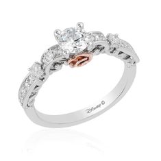 Disney Belle Inspired Engagement Ring 14K White & Rose Gold 3/4 CTTW | Enchanted Disney Fine Jewelry Disney Engagement Rings, Enchanted Disney, Enchanted Disney Fine Jewelry, Rose Gold Accents, Luxe Jewelry, Sparkling Rings, Rose Gold Metal, Engagement Ring Styles, Gold Accent