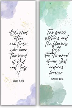 two watercolor bookmarks with bible verses on them