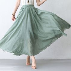 "you can wear it as a casual skirt for travelling, having a picnic with your friends, dating and shopping, Perfect for lazy days that you want to sustain a chic and stylish appearance. DETAIL * Get the green skirt with lowest 33.6 USD https://etsy.me/3wsKyj7 * 75% linen, 25% cotton * Cotton liner * Elastic waistband * Without pockets * pleated waist detail * Plus size skirt * Circle skirt * Perfect summer spring skirt * Dry clean * The model is 170cm (5′7″) tall with a 80cm (31.5\") bust, 66cm ( Long Linen Skirt, Flowy Maxi Skirts, Autumn Dress, Spring Skirts, Wool Clothing, Linen Skirt, Faux Leather Skirt, Blue Skirt, Plus Size Skirts