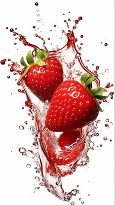 three strawberries are splashing into water