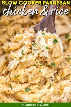 slow cooker parmesan chicken and rice in a skillet with a wooden spoon