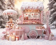 an ice cream cart with pink icing and candy canes in the snow next to trees