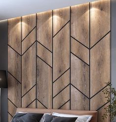 a modern bedroom with wood paneling and lighting