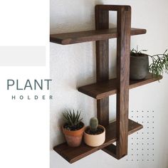 a wooden shelf with plants and potted plants on it next to the plant holder