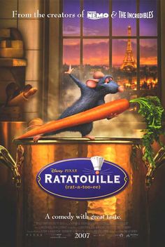 a movie poster for ratatoulie featuring a mouse holding a carrot in front of a window