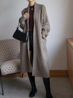 Notched Collar Thick Knitted Cardigan Coat With Belt - SHExFAB Coat For Ladies, Long Sweater Cardigan, Winter Outfits Christmas, Thick Knit Cardigan, Long Sweater Coat, Coat With Belt, Cardigan With Pockets, Jumpsuit Outfit, Long Sweater