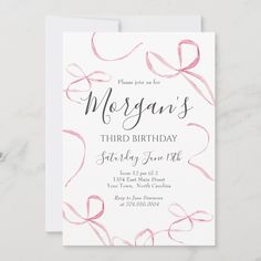 a birthday party card with pink ribbon on it